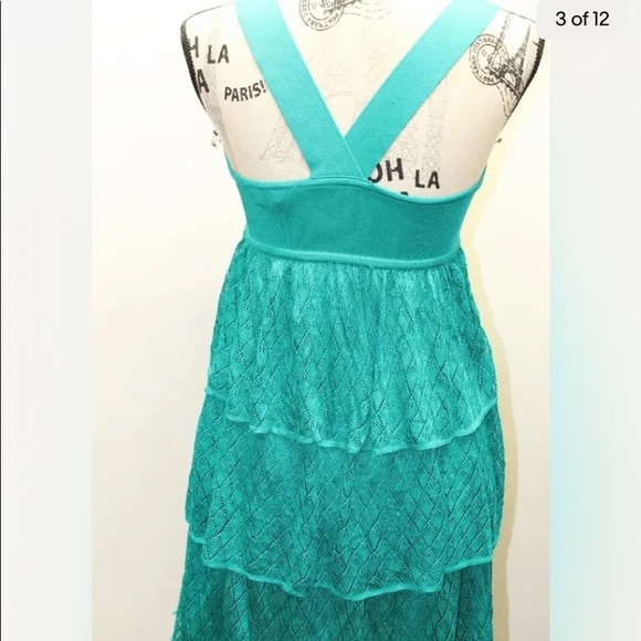 Bebe turquoise blue Ruffled Halter Tier Dress Jersey Medium - Picture 12 of 13